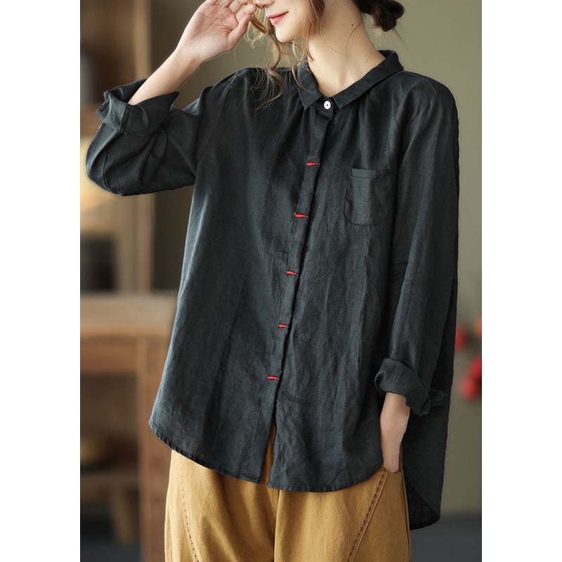 Black Patchwork Linen Shirt Peter Pan Collar Embroideried Spring