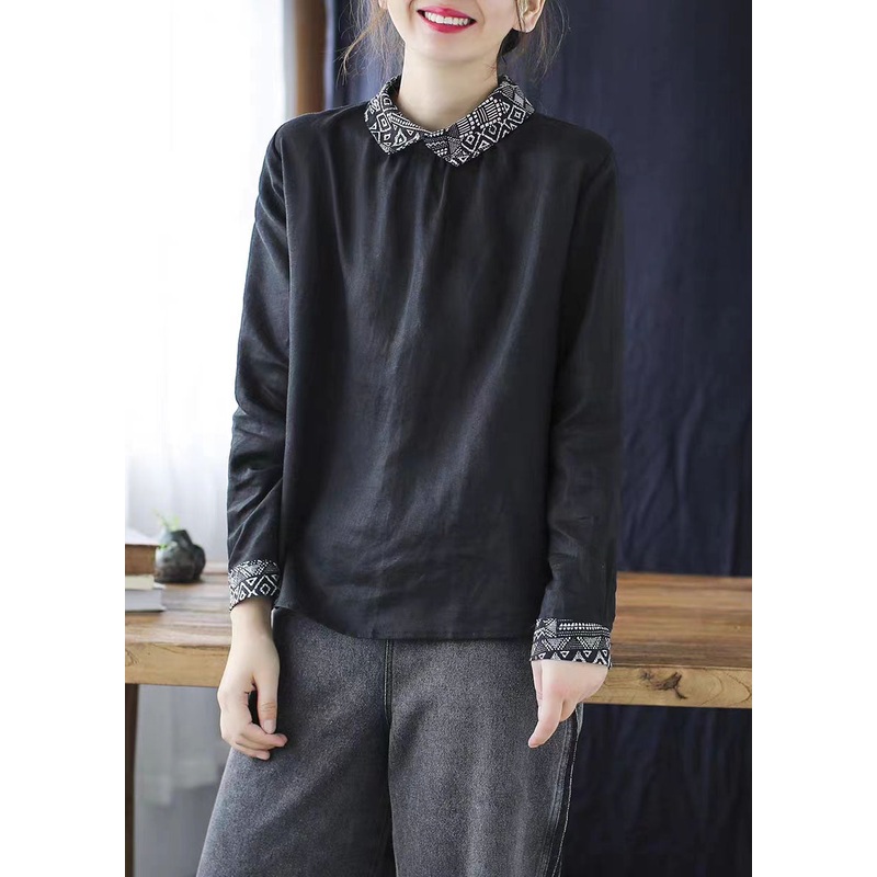 Black Patchwork Linen Shirt Peter Pan Collar Wrinkled Spring