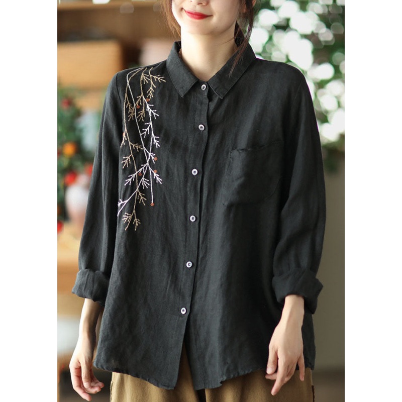 Black Patchwork Linen Shirt Top Embroideried Button Spring