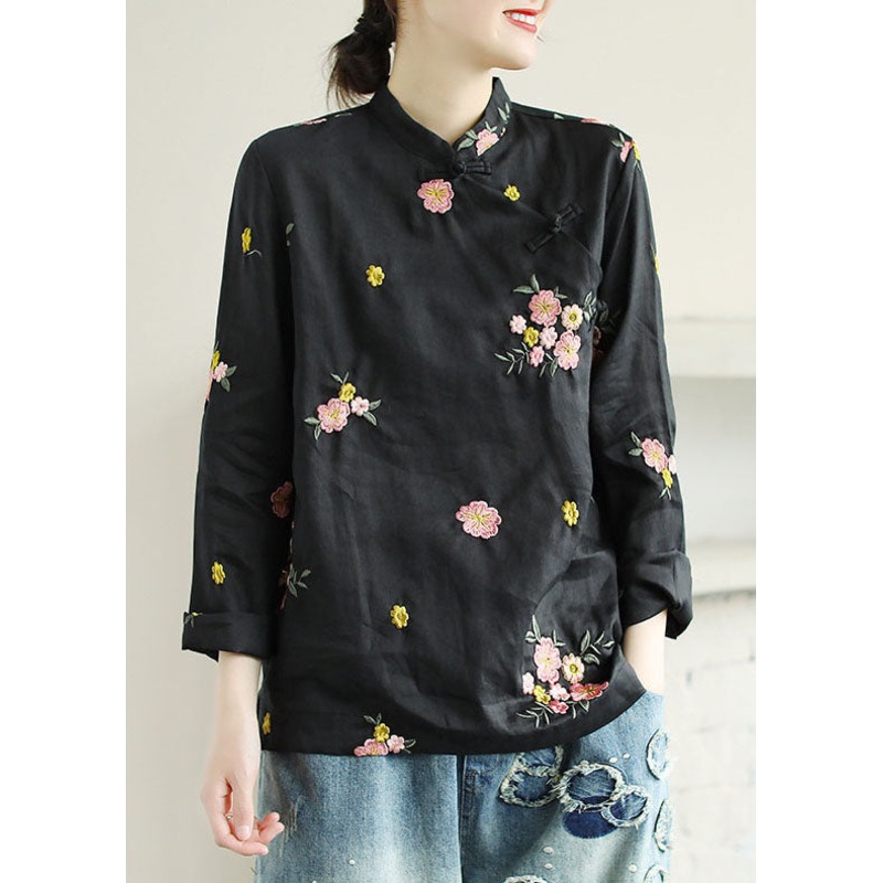 Black Patchwork Linen Shirt Top Embroideried Chinese Button Spring