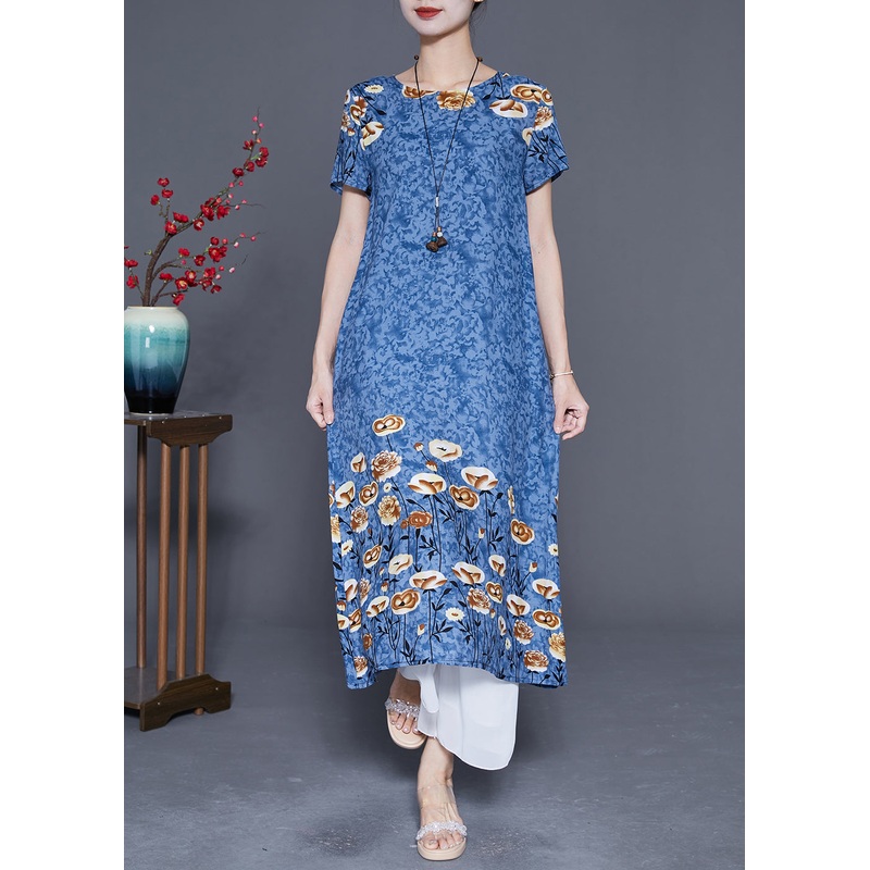 Blue Grey Print Cotton Long Dresses O-Neck Oversized Summer