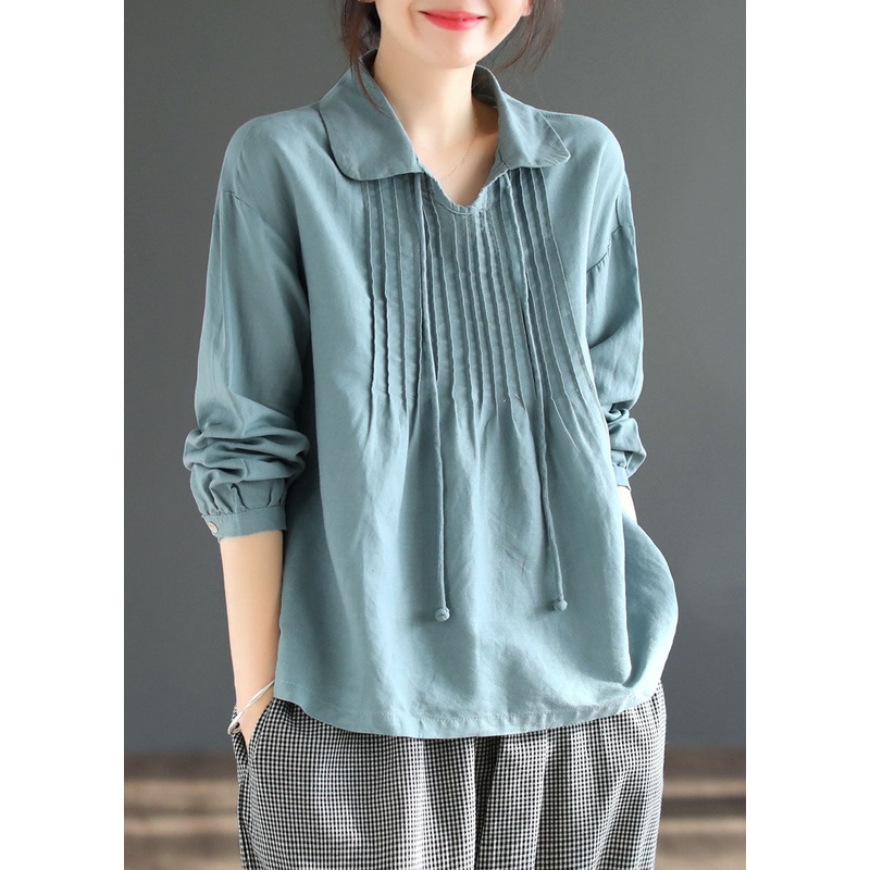 Blue Patchwork Cotton Shirt Tops Peter Pan Collar Wrinkled Long Sleeve