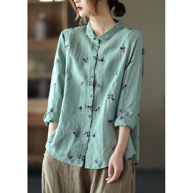 Blue Patchwork Linen Blouse Tops Embroideried Button Long Sleeve