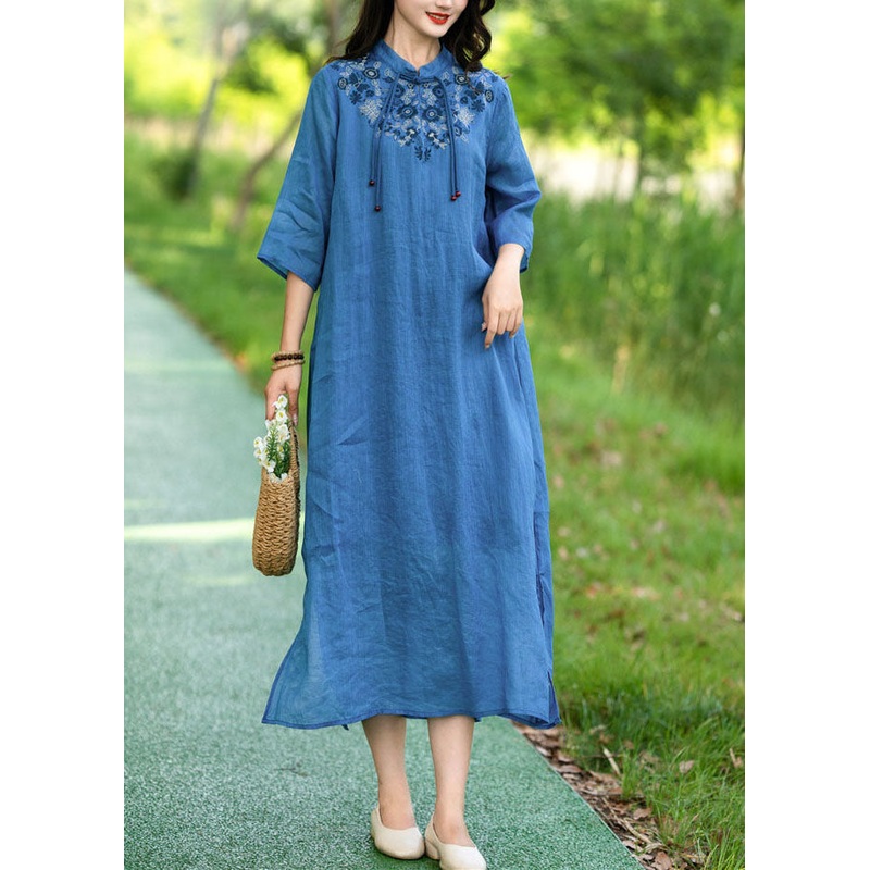 Blue Patchwork Linen Dress Tasseled Stand Collar Embroideried Summer