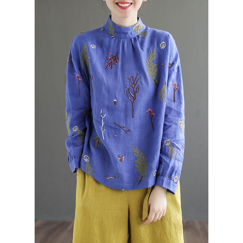 Blue Patchwork Linen Shirt Tops Embroideried Stand Collar Long Sleeve