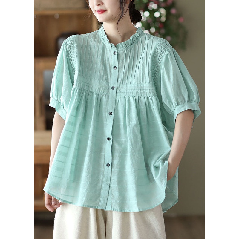 Blue Patchwork Loose Cotton Shirt Top Ruffled Button Summer