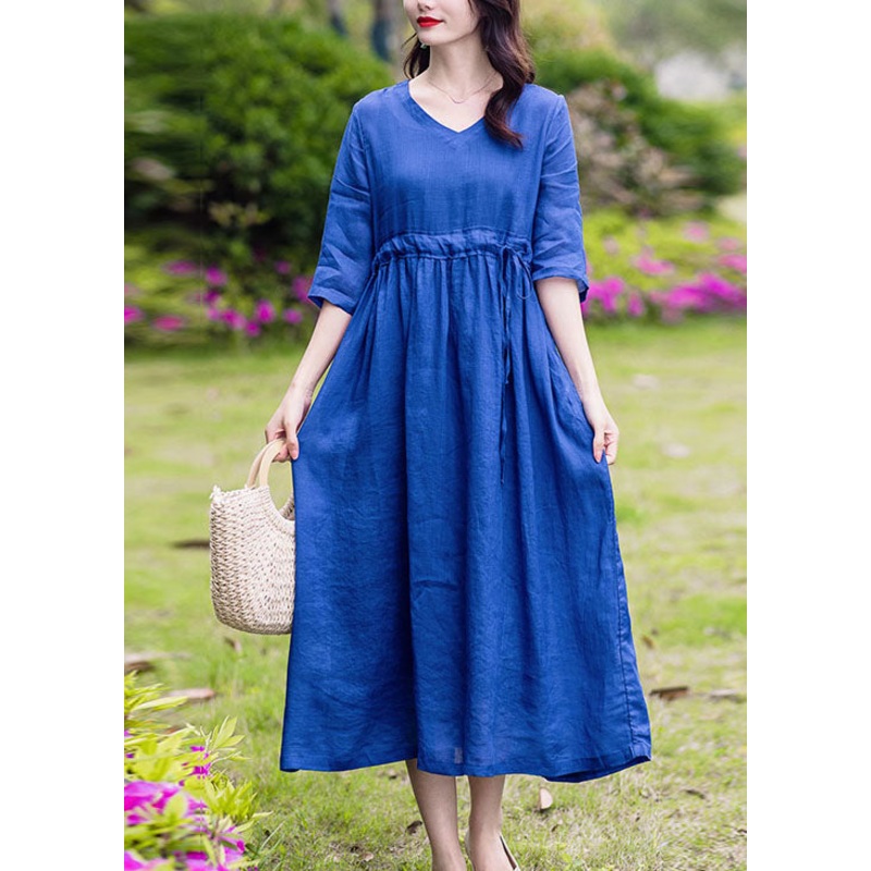 Blue Pockets Patchwork Linen Dress V Neck Drawstring Summer