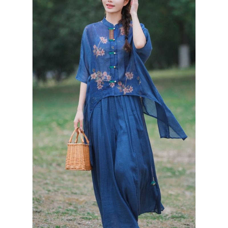 Blue Print Patchwork Linen Shirt Stand Collar Chinese Button Summer