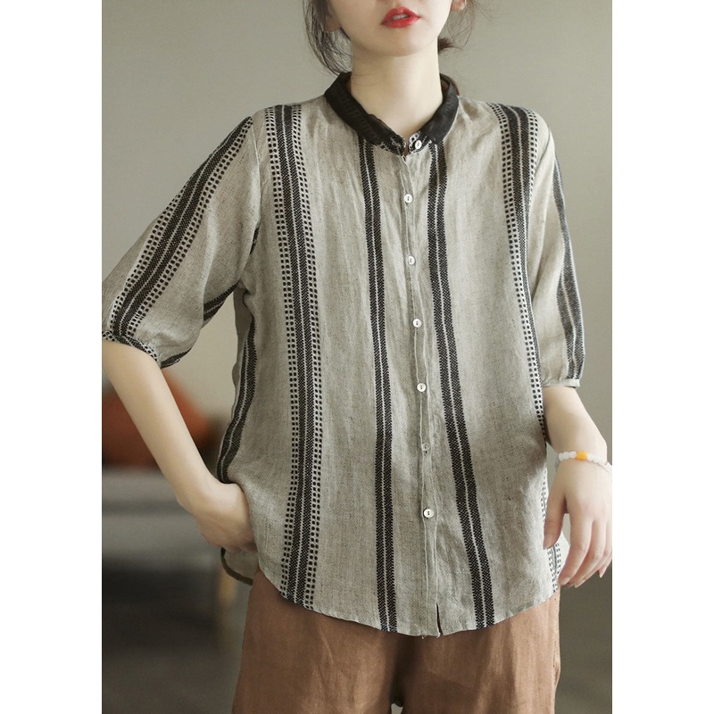 Bohemian Black Grey Peter Pan Collar Print Patchwork Linen Shirt Top Summer
