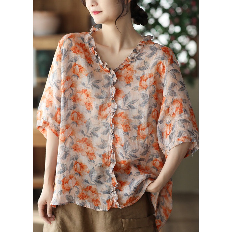 Bohemian Orange Ruffled Print Patchwork Linen Blouses Summer