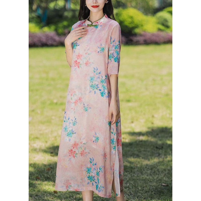 Bohemian Pink Stand Collar Print Patchwork Linen Dress Summer