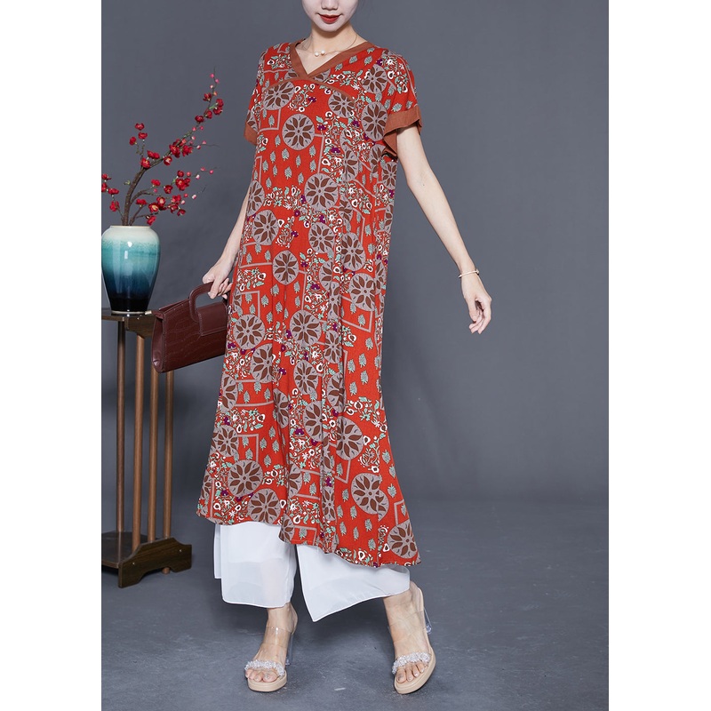 Bohemian Red O-Neck Print Cotton Long Dress Summer