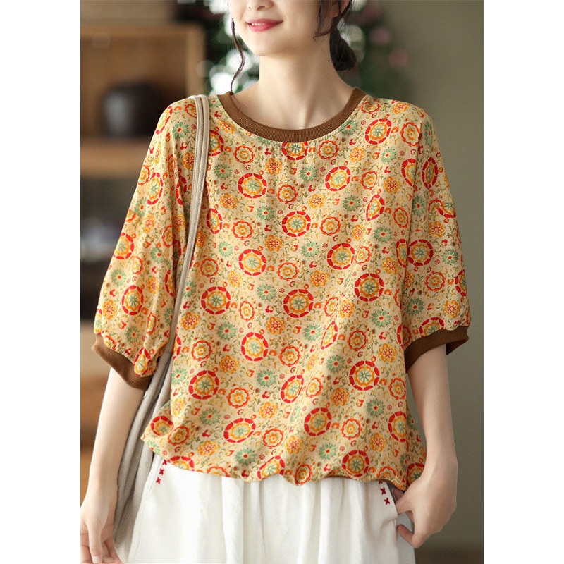 Bohemian Yellow O Neck Print Patchwork Linen Top Summer