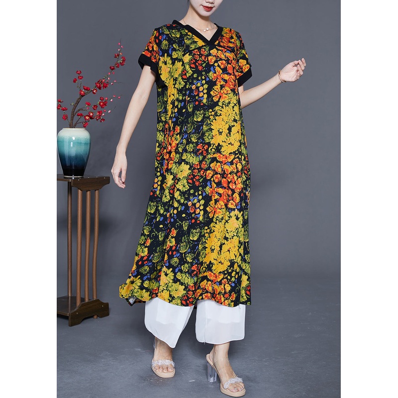 Bohemian Yellow V Neck Print Cotton Dress Summer