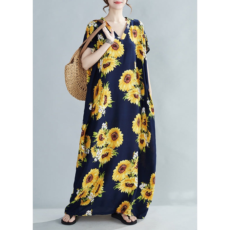 Bohemian Yellow V Neck Sunflower Maxi Dress Summer