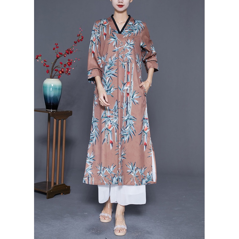 Boho Coffee Print Side pen Chiffon Long Dresses Bracelet Sleeve