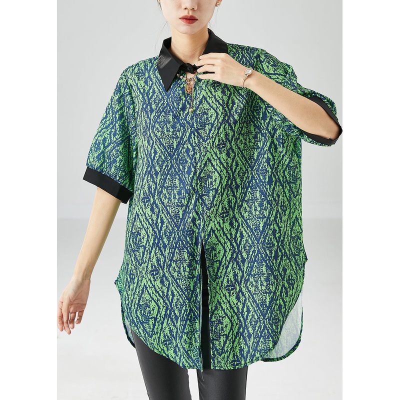Boho Green Peter Pan Collar Patchwork Print Side Open Chiffon Top Summer