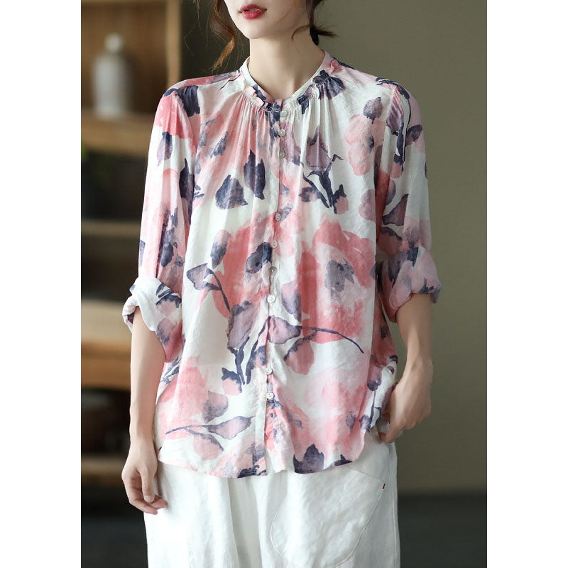 Boho Pink Stand Collar Print Patchwork Cotton Shirt Tops Long Sleeve