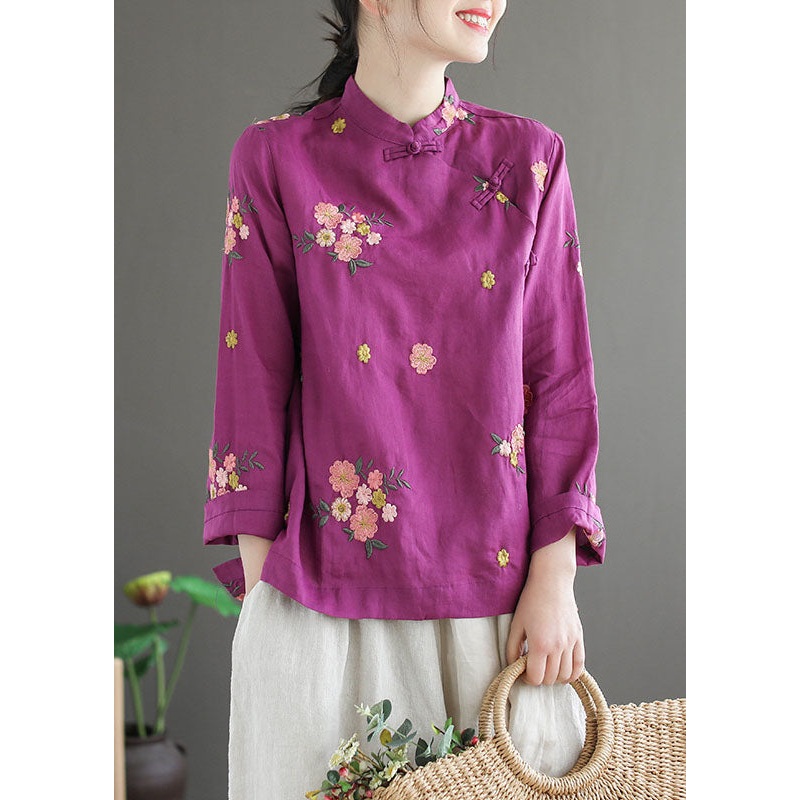 Boho Purple Stand Collar Embroidered Patchwork Cotton Top Spring