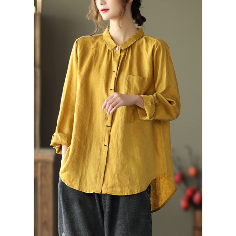 Boho Yellow Peter Pan Collar Patchwork Linen Shirts Top Long Sleeve
