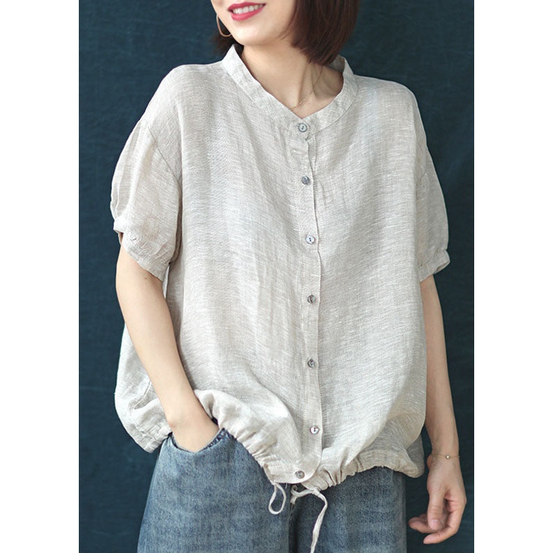 Boutique Beige Stand Collar Patchwork Linen Blouses Summer