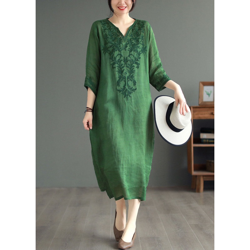 Boutique Green Embroideried Patchwork Linen Dresses Bracelet Sleeve