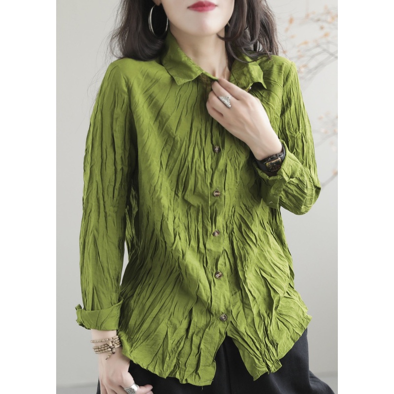 Boutique Green Peter Pan Collar Wrinkled Patchwork Cotton Shirt Top Spring