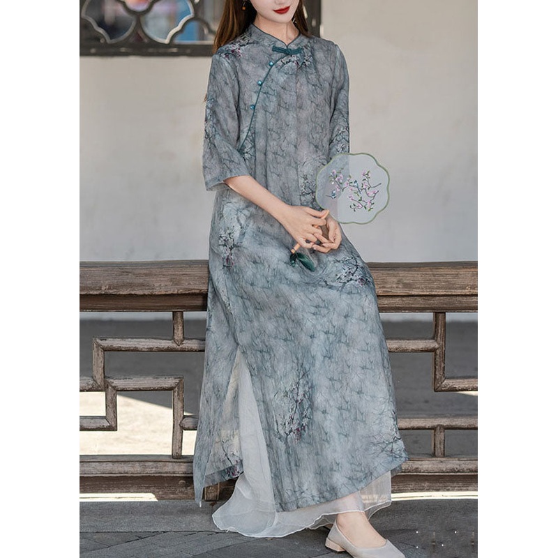 Boutique Grey Stand Collar Print Patchwork Linen Long Dress Summer