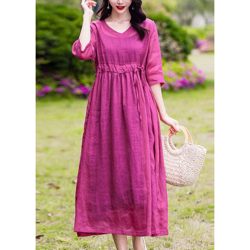Boutique Rose V Neck Drawstring Patchwork Linen Dresses Summer