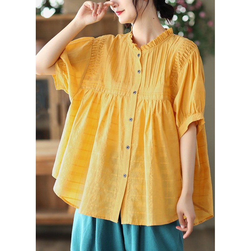 Boutique Yellow Ruffled Button Patchwork Cotton Blouse Top Summer