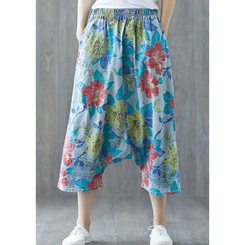 Casual Floral Drawstring Drop Crotch Loose Ripped Denim Pants