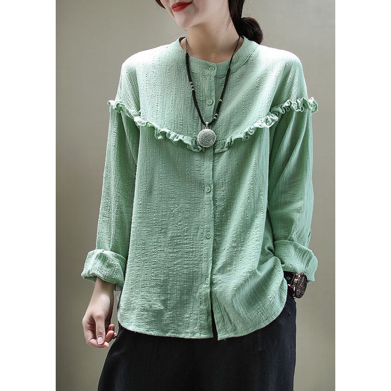 Casual Green Ruffled Button Patchwork Cotton Blouse Tops Long Sleeve