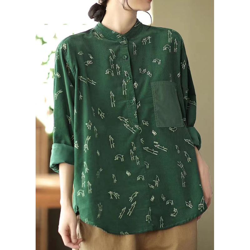 Casual Green Stand Collar Print Patchwork Corduroy Blouses Spring