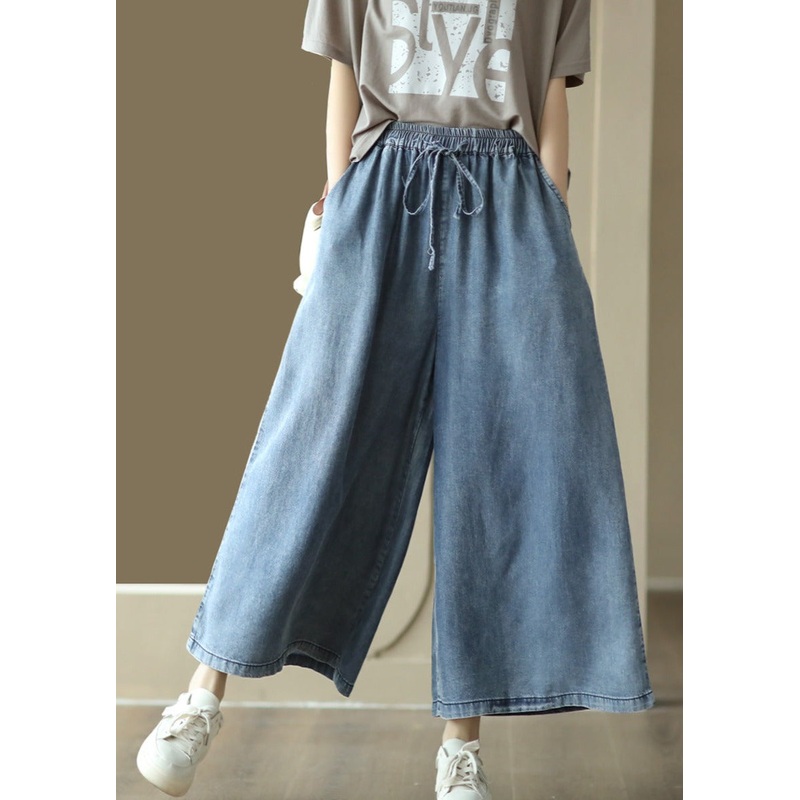Casual Solid Washed Drawstring Wide-leg Denim Pants