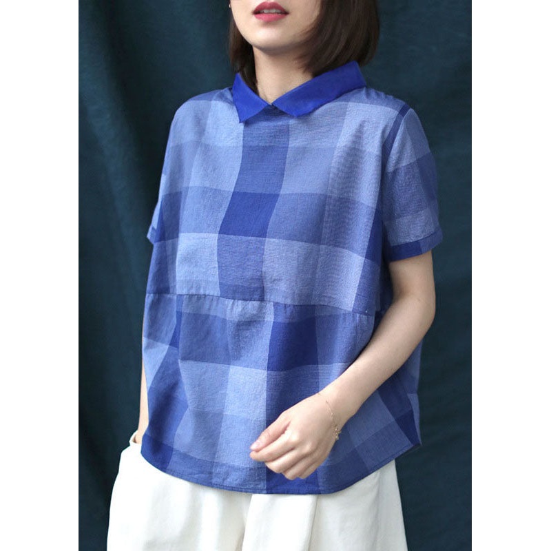 Chic Blue Plaid Peter Pan Collar Patchwork Linen Shirt Tops Summer