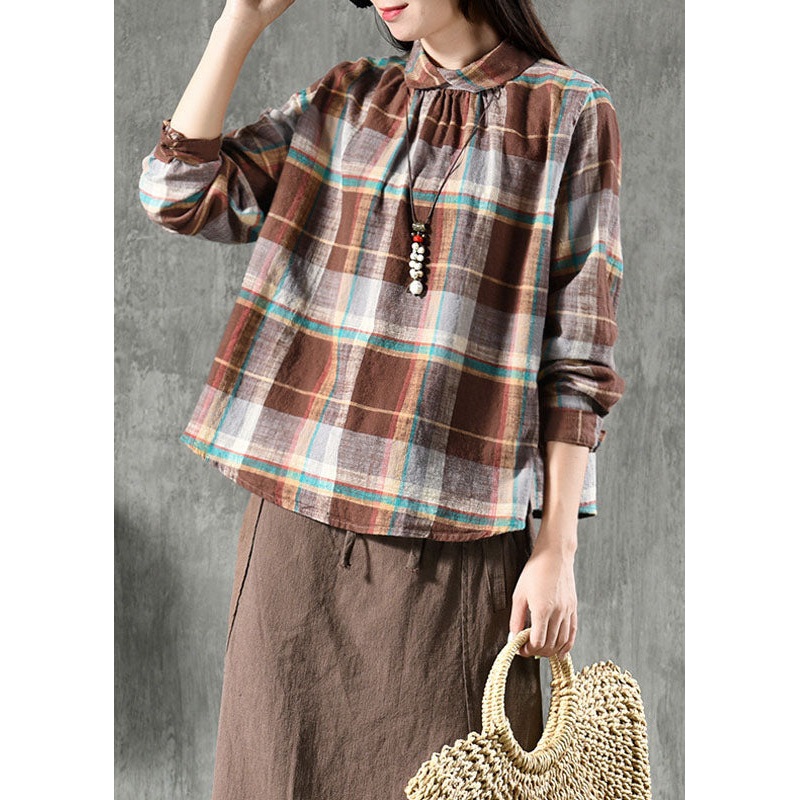 Chic Coffee Plaid Peter Pan Collar Patchwork Linen Blouse Tops Spring