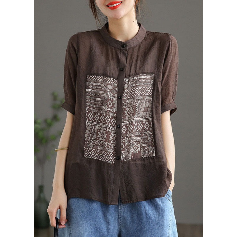 Chic Coffee Stand Collar Print Patchwork Cotton Top Short Sleeve