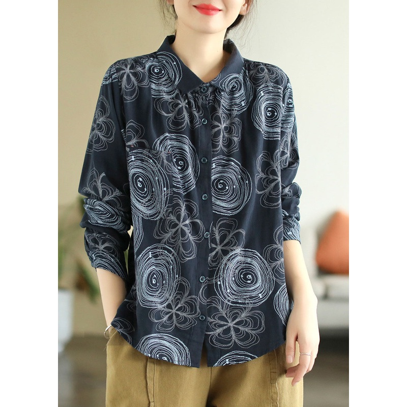 Chic Navy Peter Pan Collar Print Patchwork Cotton Shirt Top Spring