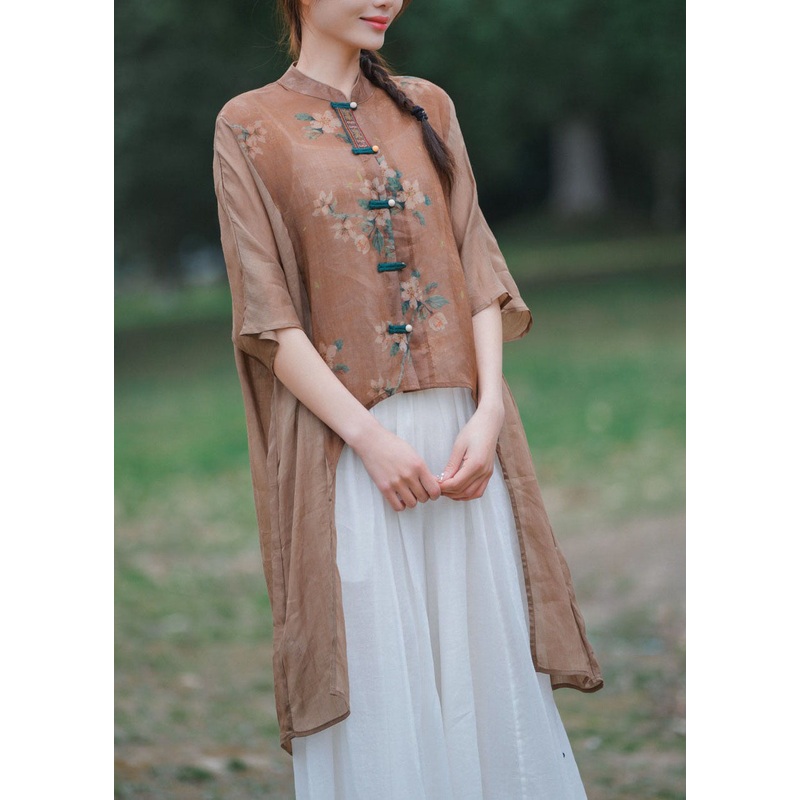 Chinese Style Light Brown Asymmetrical Patchwork Linen Shirt Bracelet Sleeve