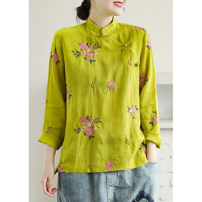 Chinese Style Yellow Embroideried Patchwork Linen Shirt Tops Spring