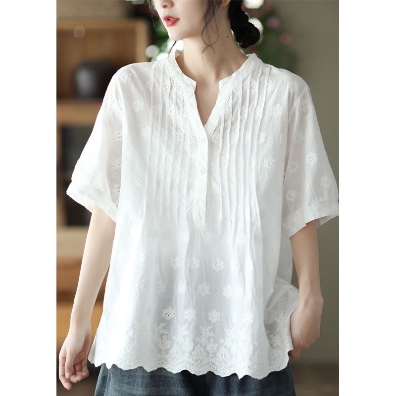 Classy White V Neck Embroideried Patchwork Cotton Shirt Top Summer