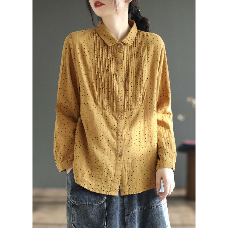 Classy Yellow Peter Pan Collar Print Wrinkled Patchwork Cotton Blouses Spring