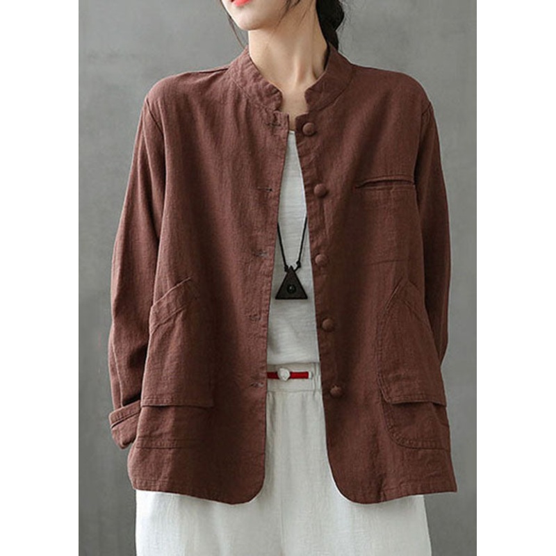 Coffee Pockets Patchwork Linen Coats Stand Collar Button Spring