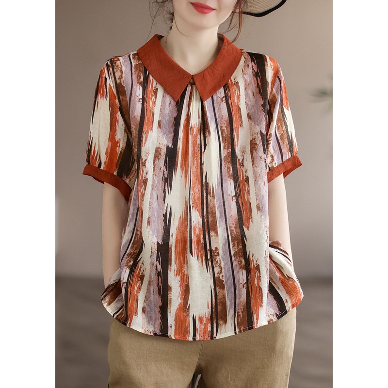 Coffee Print Patchwork Cotton T Shirt Top Peter Pan Collar Summer
