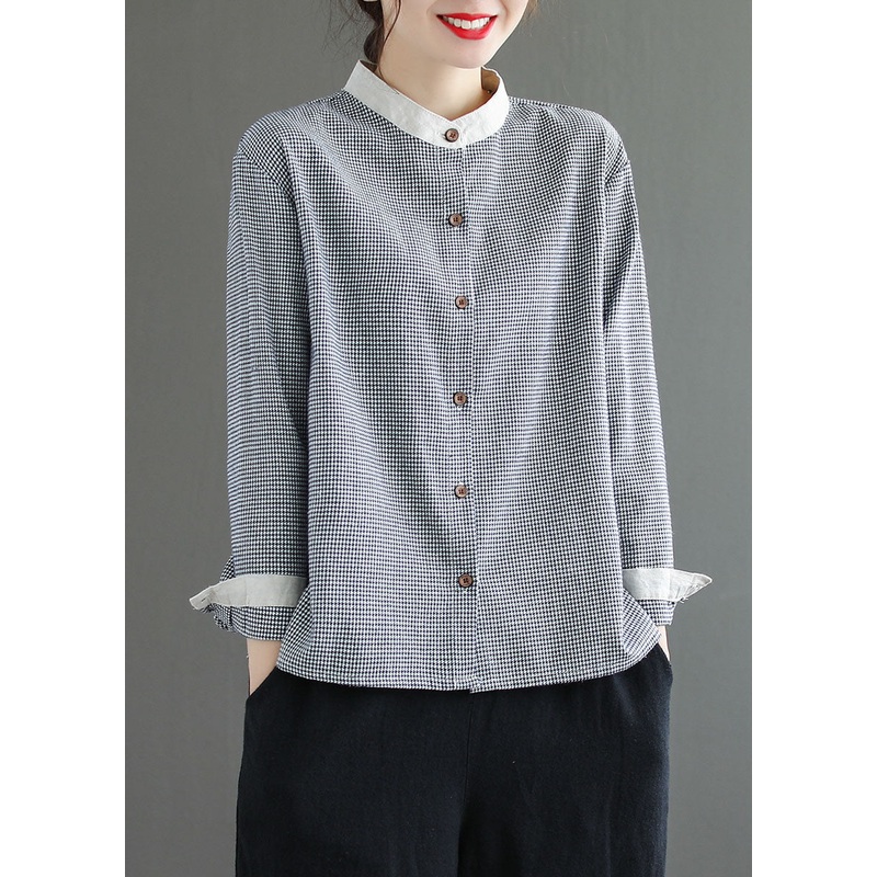 Diy Blue Plaid Stand Collar Patchwork Cotton Shirt Top Spring