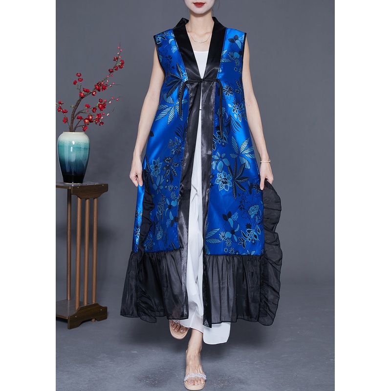 DIY Blue Ruffled Patchwork Chinese Button Silk Long Vest Summer