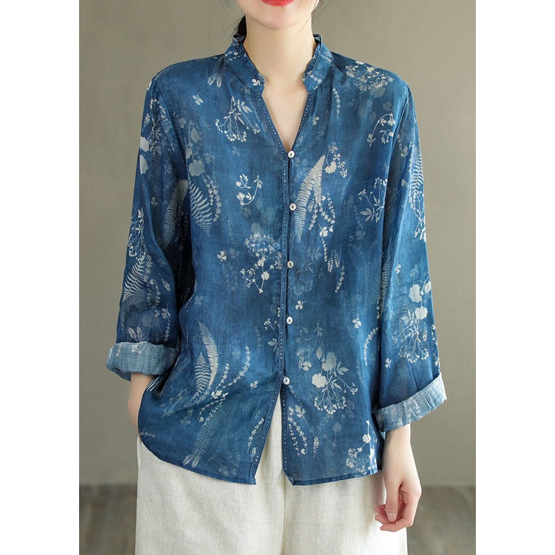 DIY Blue V Neck Ruffled Print Patchwork Linen Shirt Tops Spring