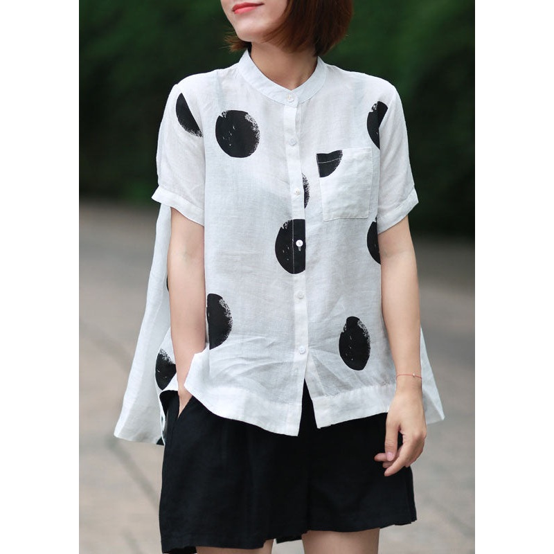 DIY White Stand Collar Dot Print Patchwork Linen Blouses Summer