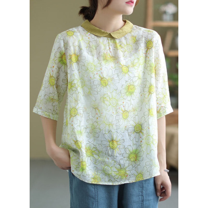 Fine Light Green Peter Pan Collar Print Patchwork Linen Top Summer
