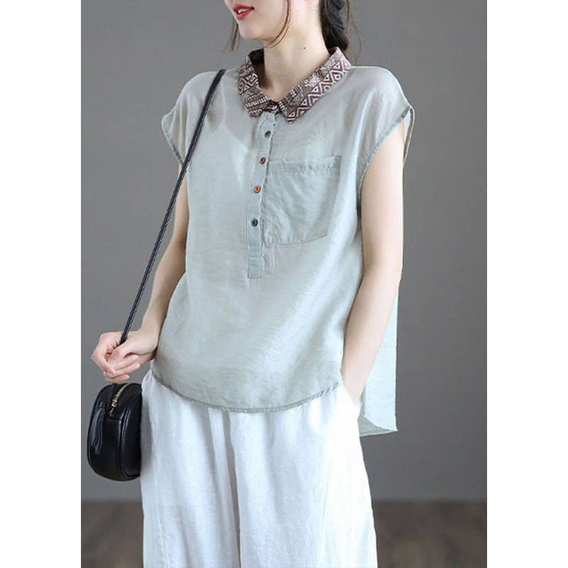 Fitted Light Blue Peter Pan Collar Pockets Patchwork Linen Blouse Tops Summer